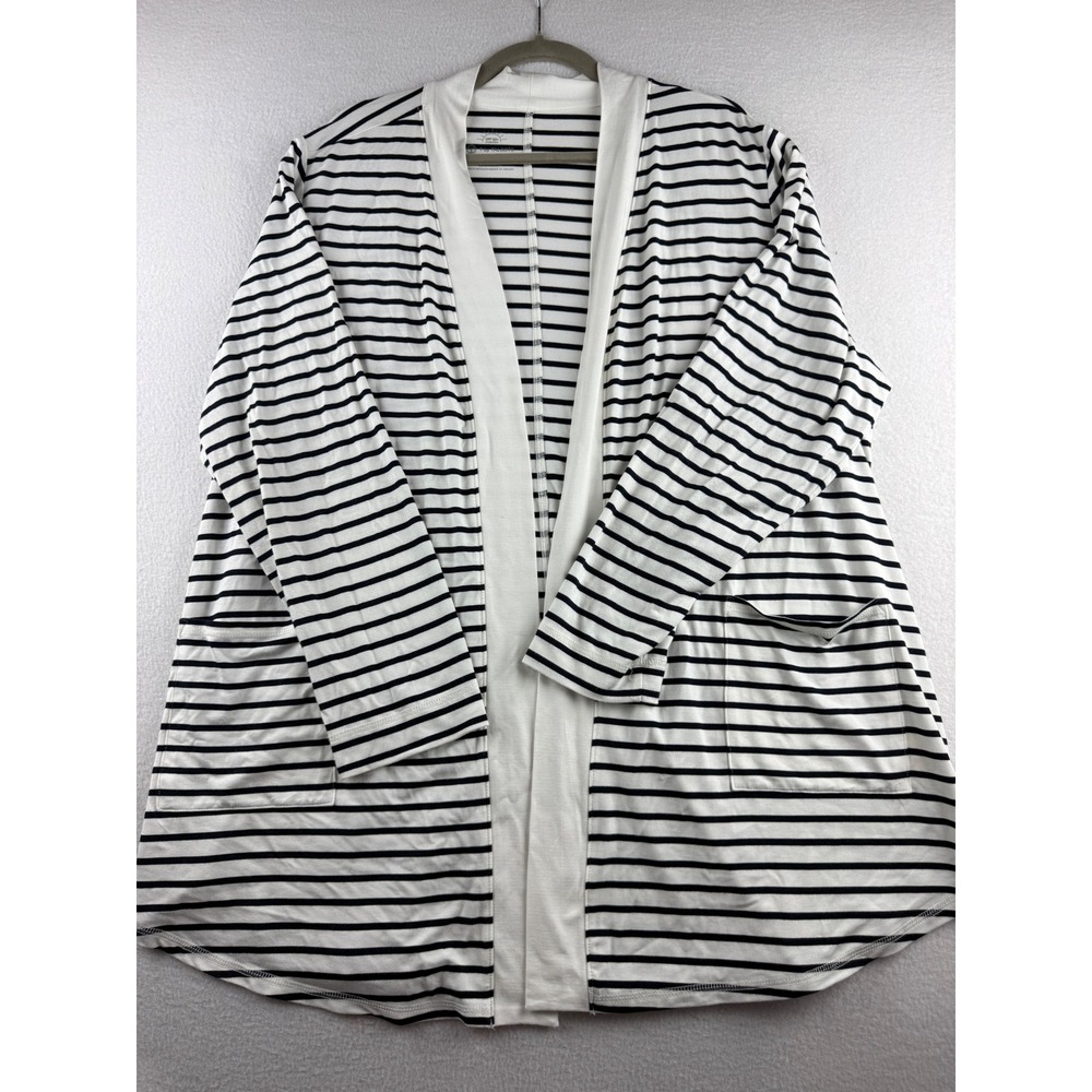 T by Talbots Womens 2X Striped Cardigan Navy White UPF 50+ Bamboo Blend Pockets
